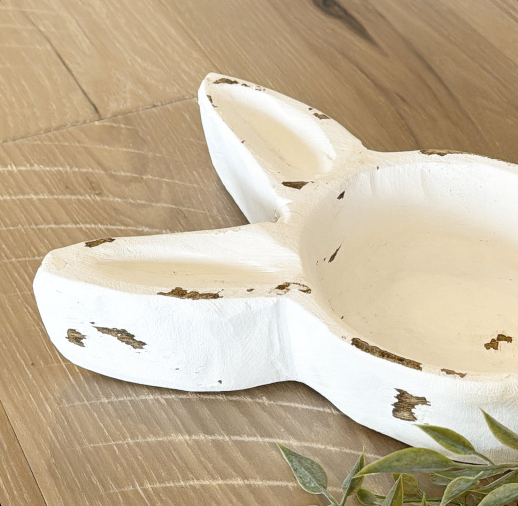 White Wood Bunny Bowl - 10.5”