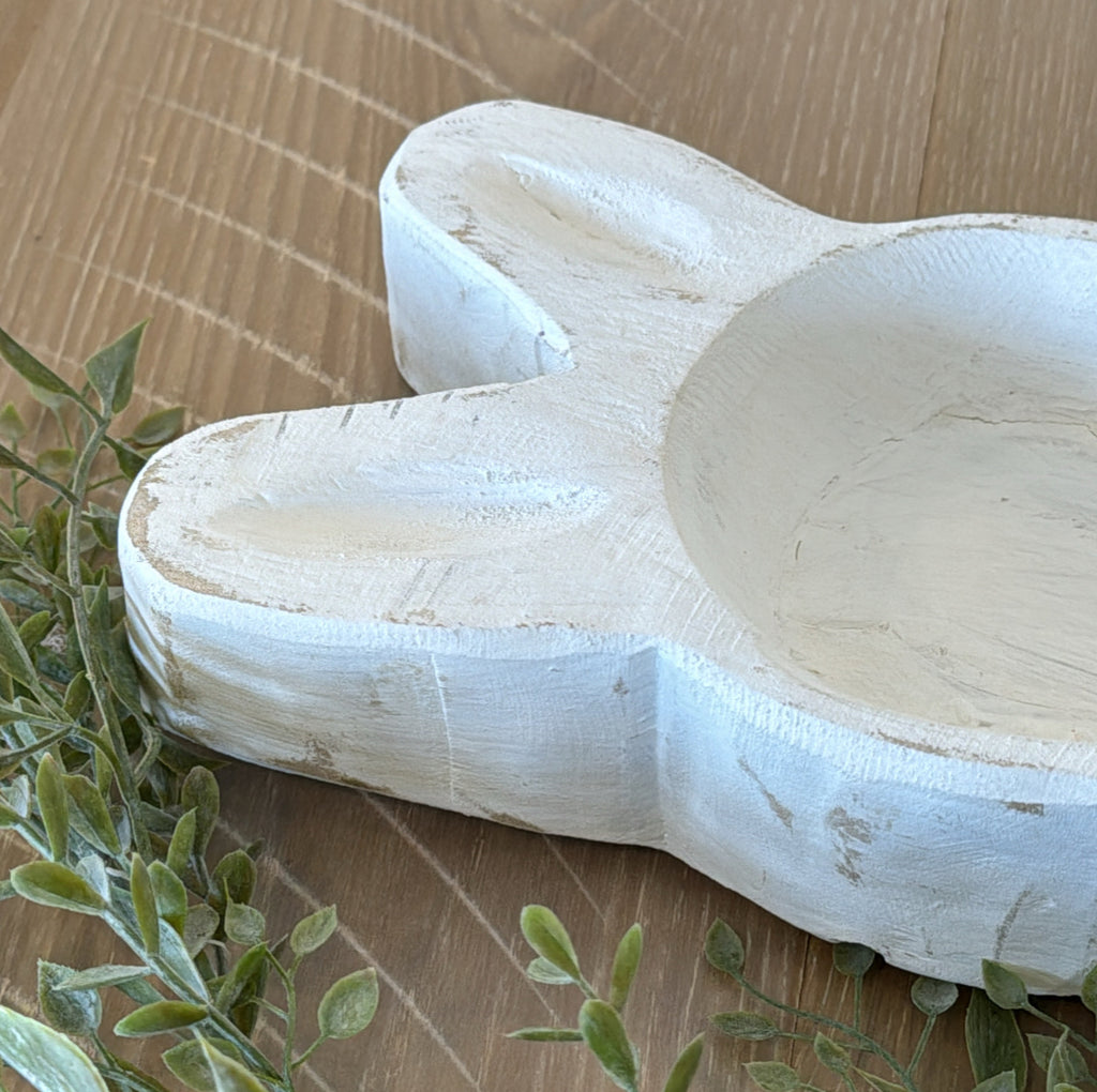 White Wood Bunny Bowl - 13”