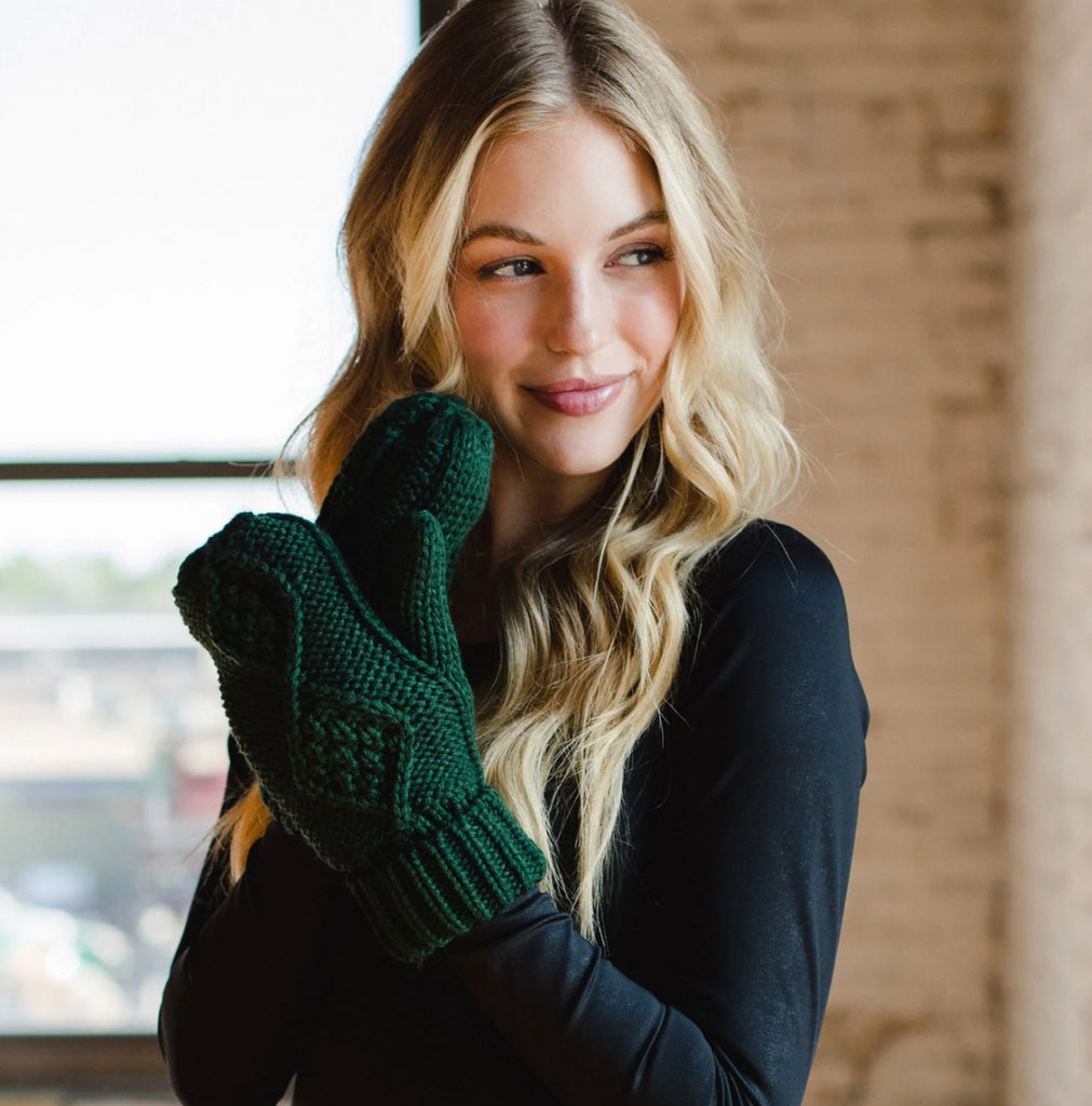 Dark Green Cable Knit Mittens