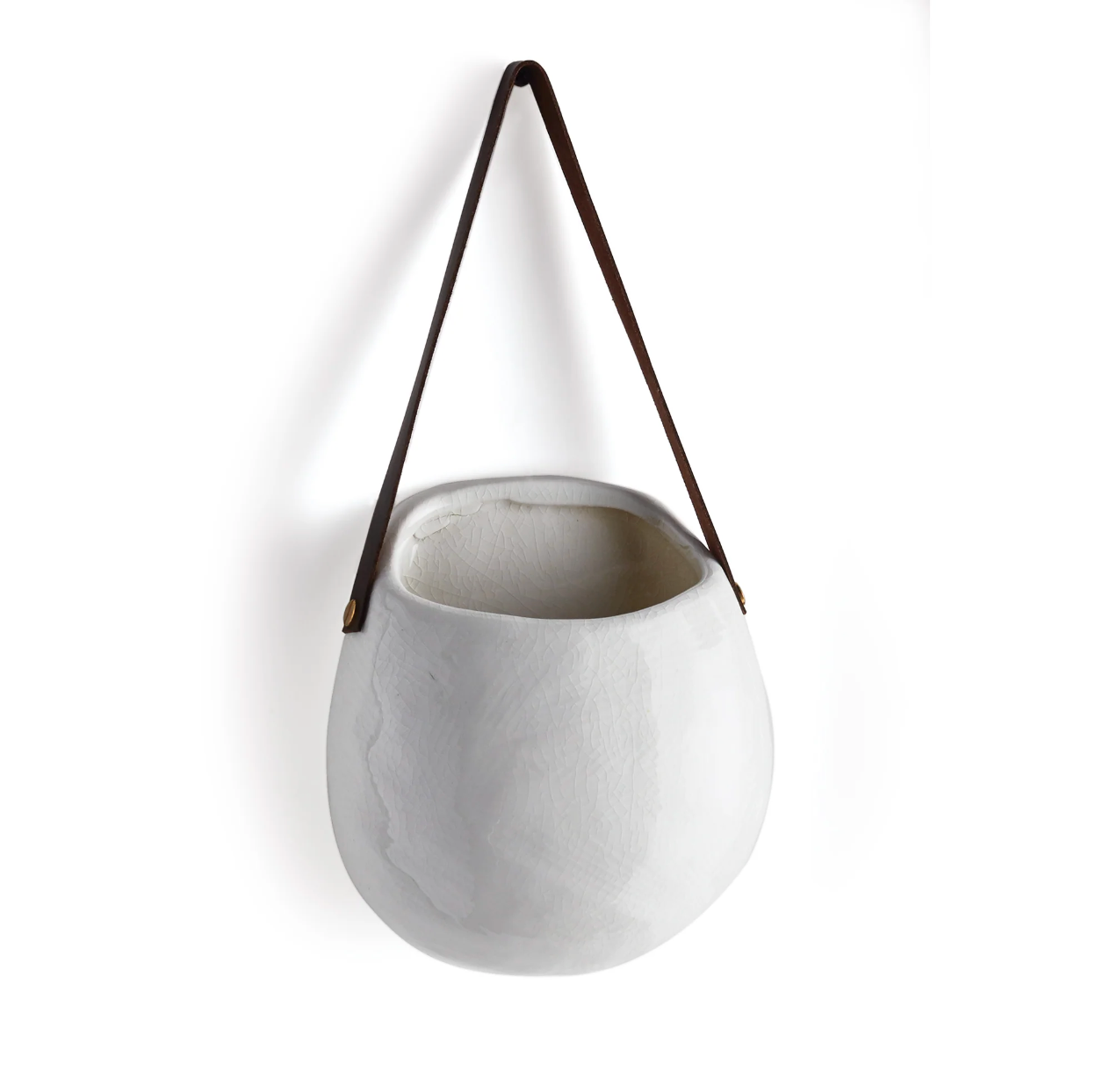 leather strap hanging planter White Wall Pocket w/Leather Strap