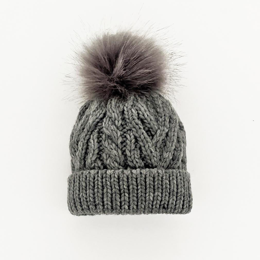 Cable Knit Pom Hat - Grey (adult & child sizes)
