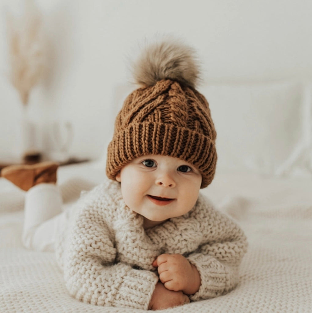 Cable Knit Pom Hat - Pecan (child & adult sizes)