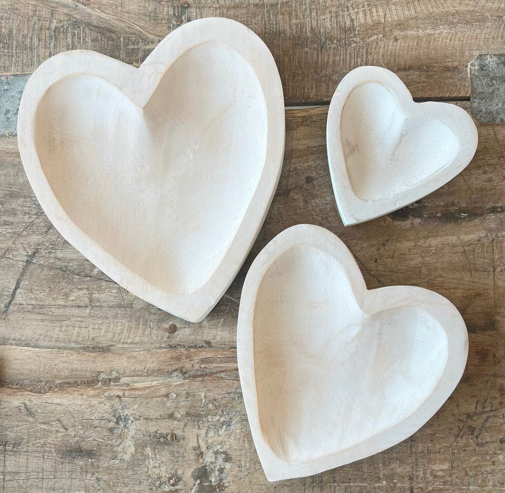 Whitewashed Wood Heart Tray - 3 sizes